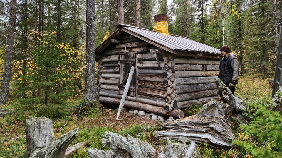 En timrad stuga i skogen.