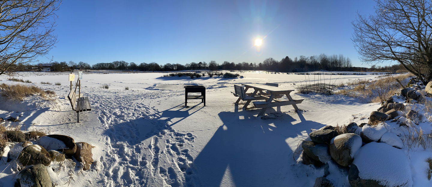 Picknickbord och grillplats vid ett av våtmarkens dämmen