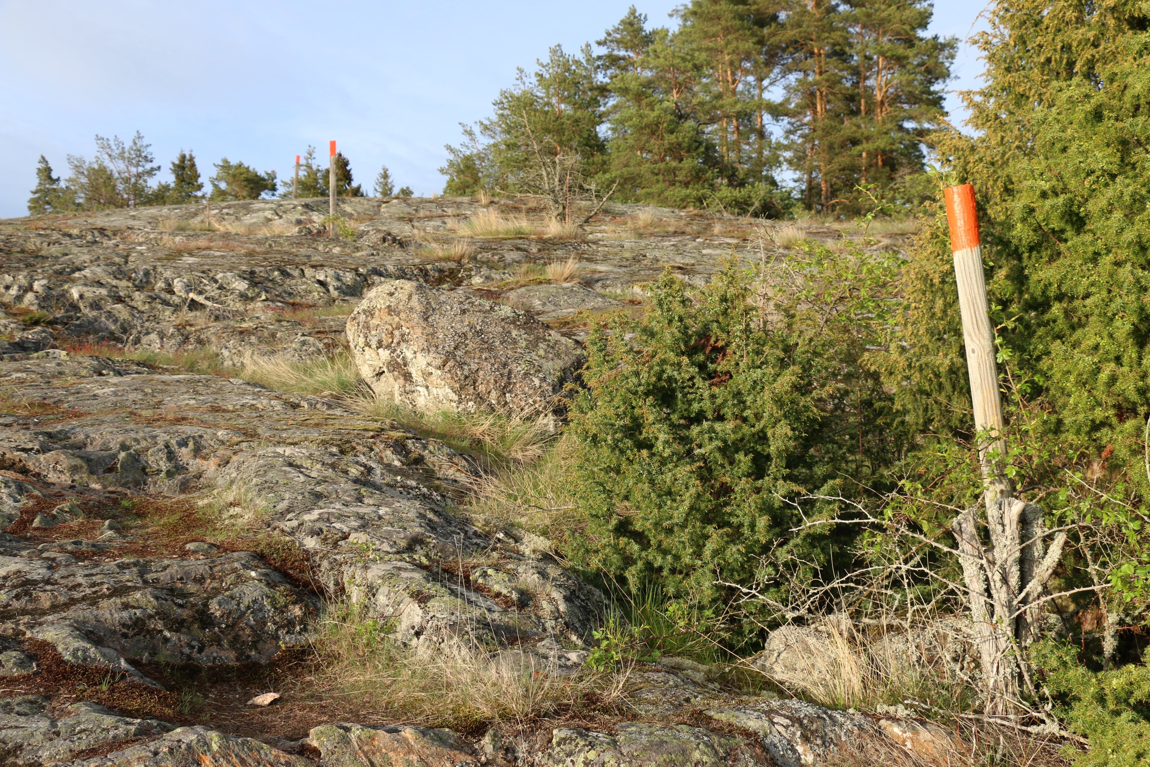 Leden går över klippor. Längs leden finns stolpar med orange markering på toppen.