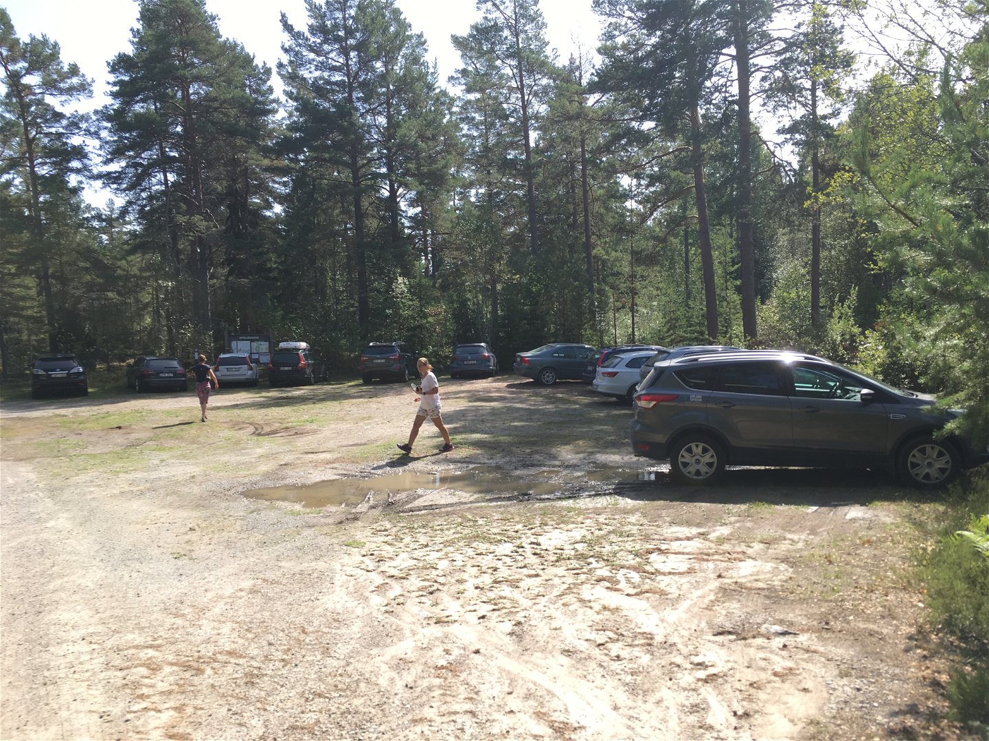 På en stor parkeringsplats med skog runtom står det många bilar. Två personer går över parkeringen.