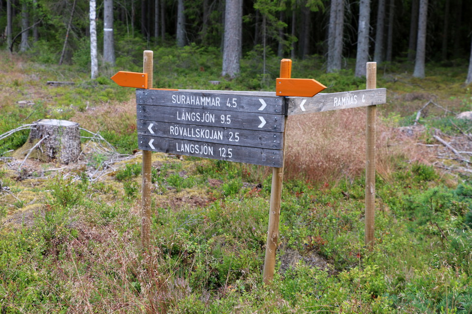 Flera träskyltar som visar vägen och hur långt det är till olika ställen. Orange pilar visar vägen.