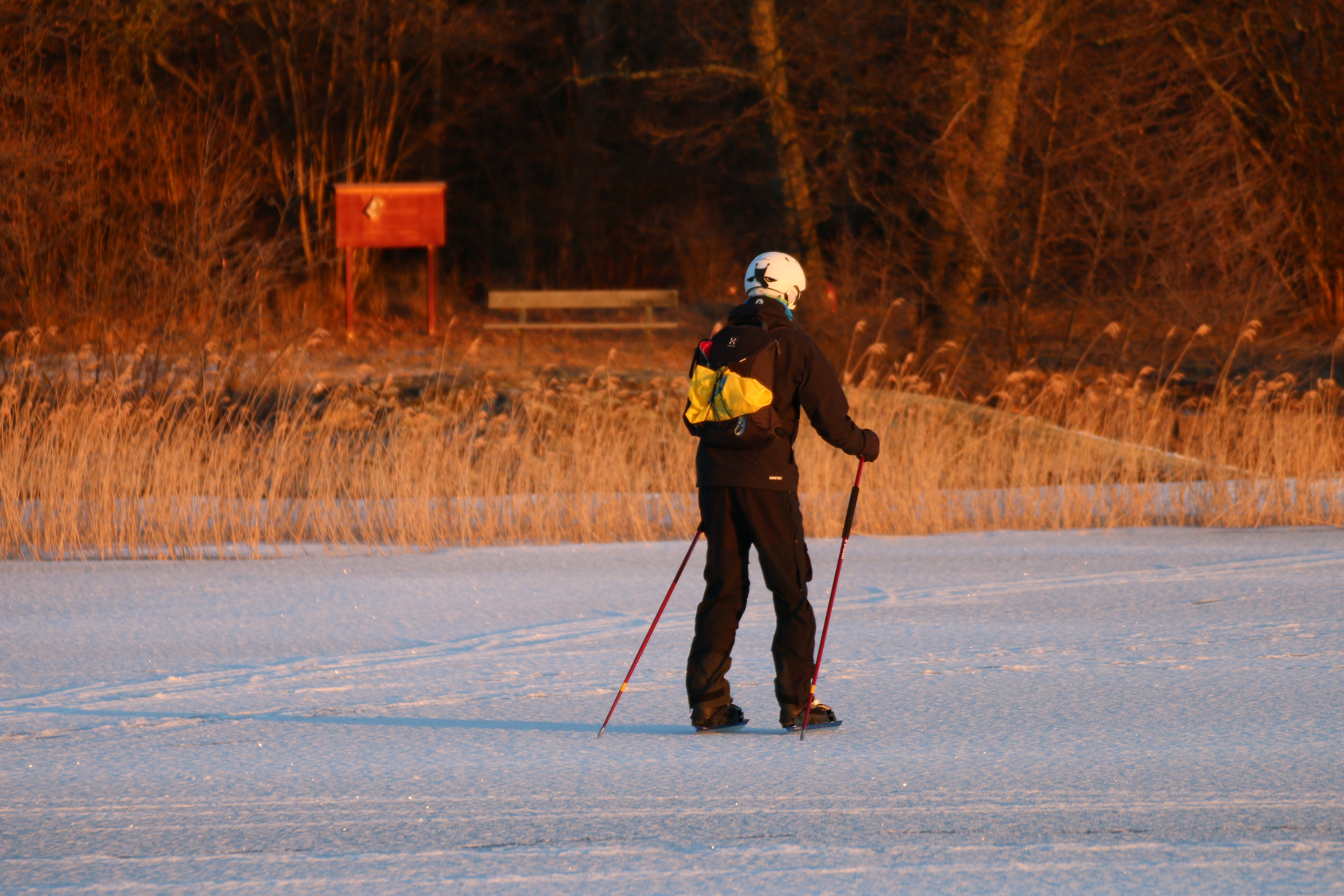 En person åker skridskor på isen med stavar.