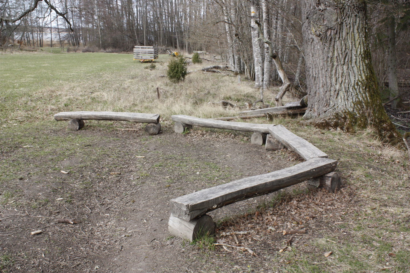Flera låga sittbänkar står på en ojämn yta av gräs och jord.
