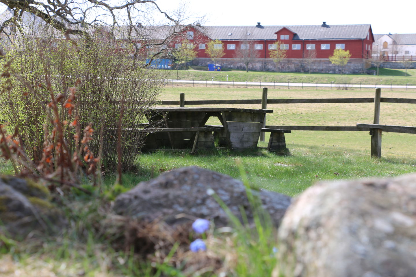 Rastplats med bord och bänkar. I bakgrunden syns hagar och röda stallet på Strömsholm.