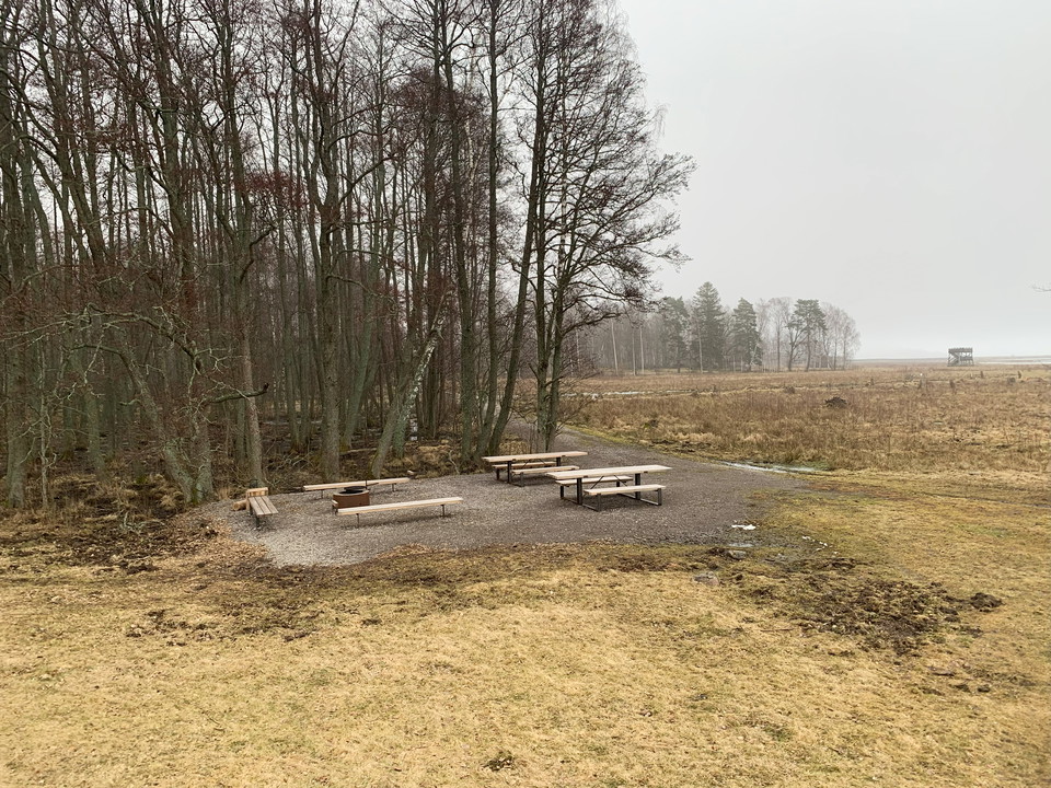 Den tillgänglighetsanpassade rast- och eldplatsen har utsikt över Sandemars strandängar.