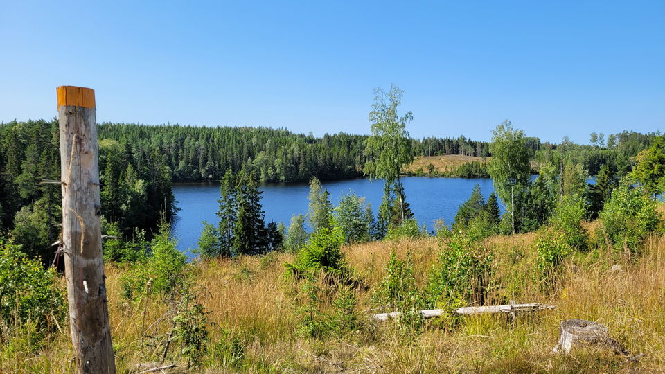 Utsikt från höjd över sjö.