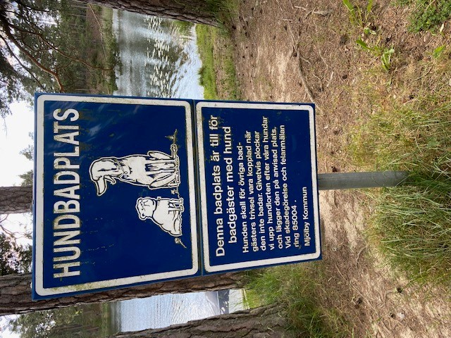 Skylt med text om regler vid hundbadplatsen