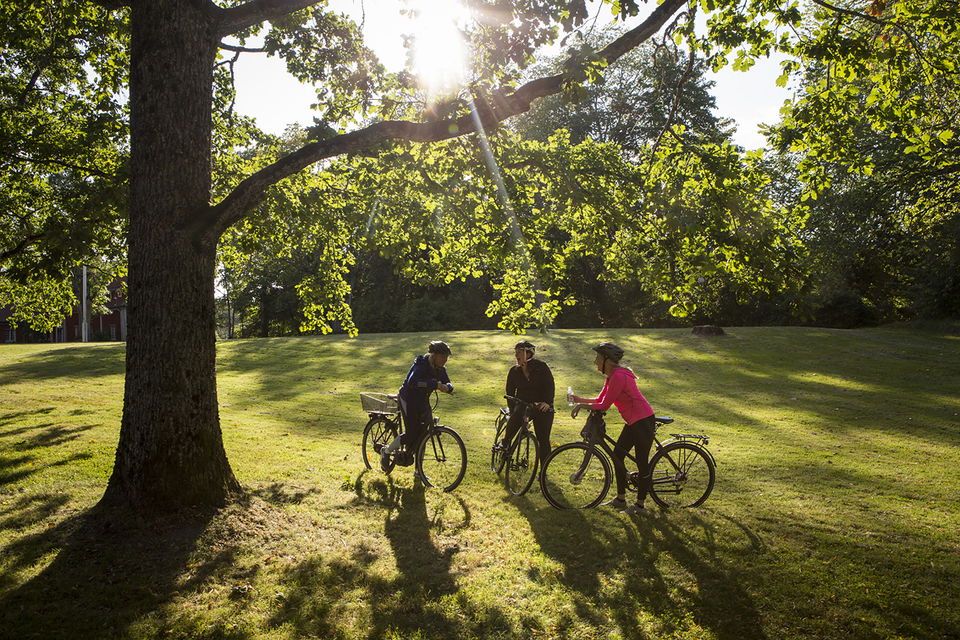 Personer som står vid sina cyklar