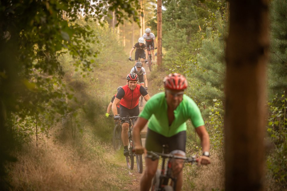 Flera personer på rad som cyklar på en av cykellederna i skogen