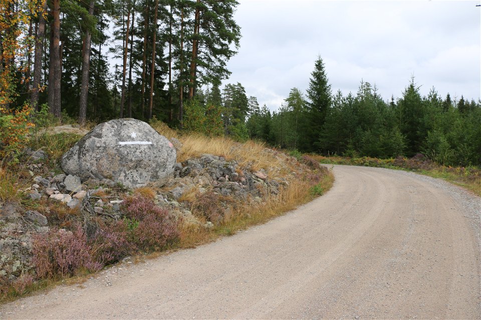 Sten intill grusväg med vit markering som visar att här är ett naturreservat.