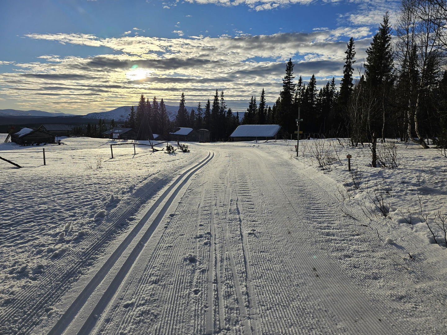 Klassiska och skejtspår med snötäckta hustak i skogskanten.