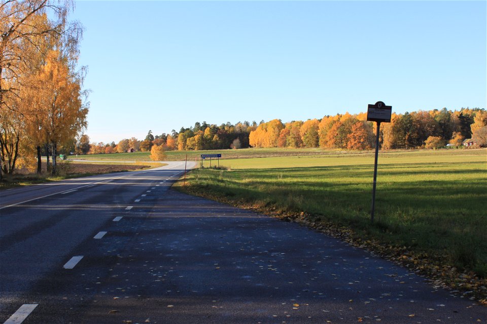 Längs en bilväg står en parkeringsficka med skylt för busshållplats. Vid hållplatsen är det åkermark med skog i bakgrunden.