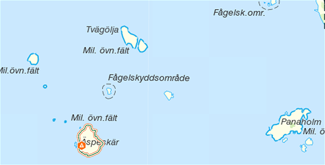 Militära områden: övnings- och skjutfält och skyddsobjekt i Blekinge Arkipelag längs ARK56