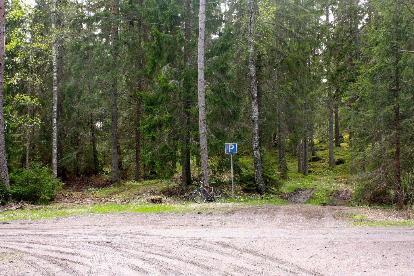 Vid en skogskant står en parkeringsskylt framför en liten, något lerig parkeringsplats. En cykel står lutad mot ett träd vid parkeringsskylten.