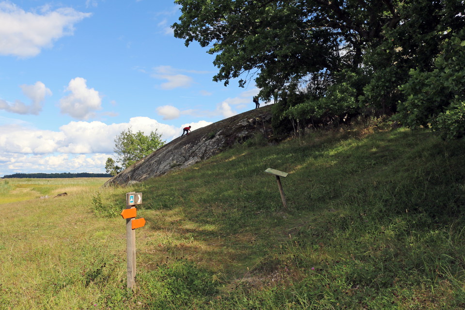 Rudöklippan med ängsmark runtikring. En stolpe med orange pilar visar vägen.