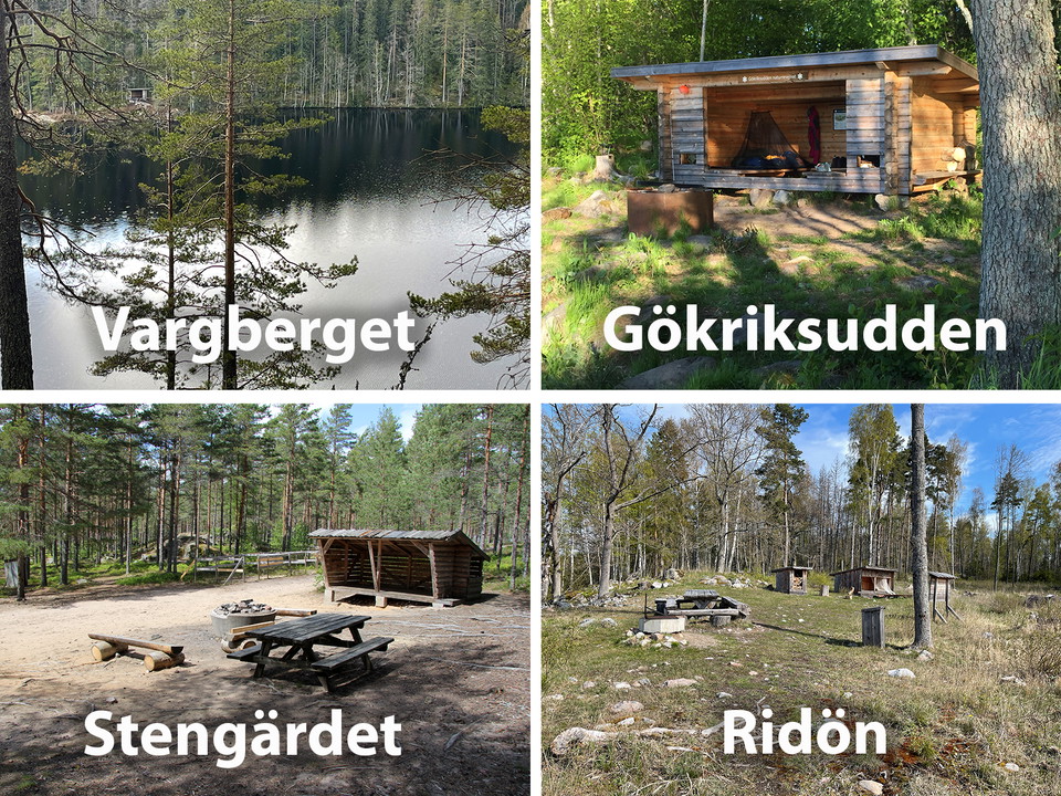 Bildcollage: fyra vindskydd i fyra naturreservat.