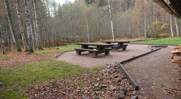 Två bänkbord vid Almbacken