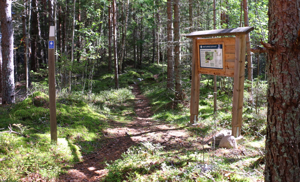 Informationstavla på håll samt en stolpe med markering som visar var leden går.