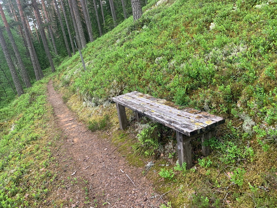 En sittbänk att vila på finns efter vägen.