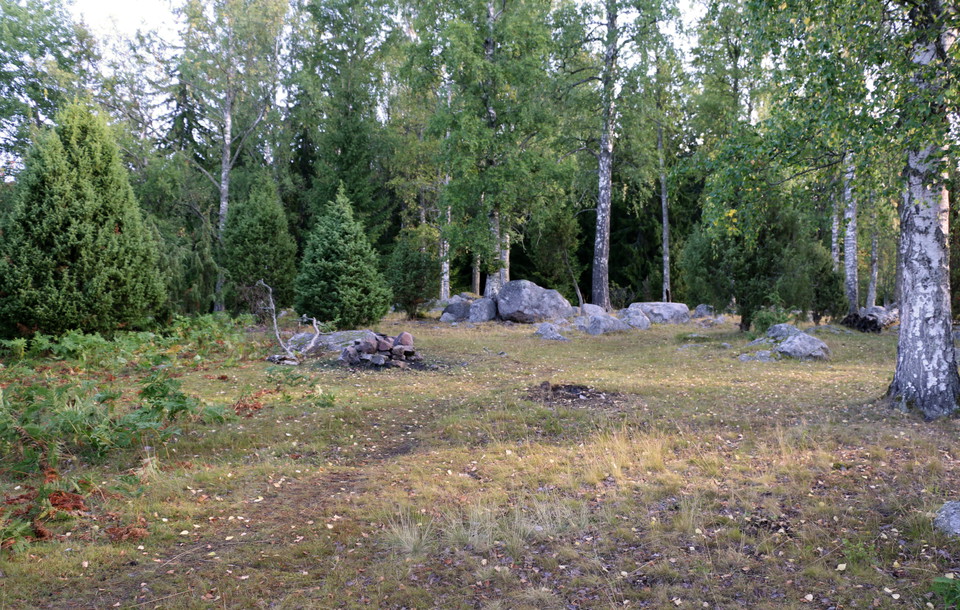 Liten eldstad i glänta i skogen.