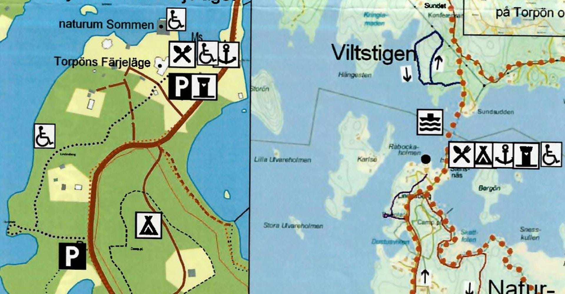 Karta tillgänglighetsanpassad naturstig vid Torpöns Färjeläge.
Sommen
Ydre