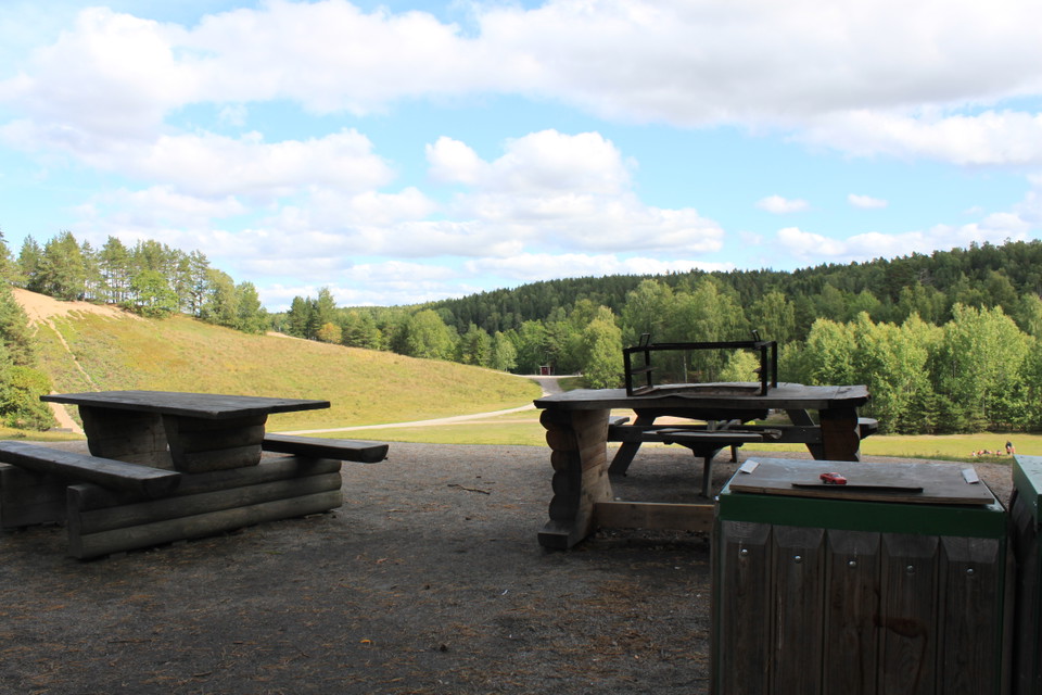 På en plan öppen yta står ett grillbord med grillgaller. Bredvid står ett bänkbord och en soptunna.