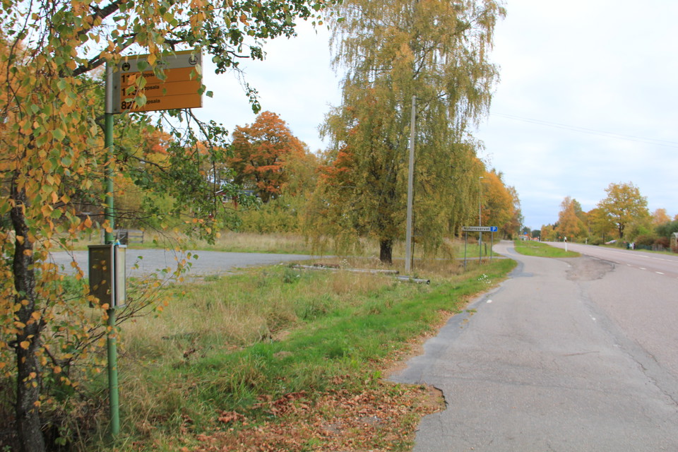 En skyltad busshållsplats vid en bilväg.