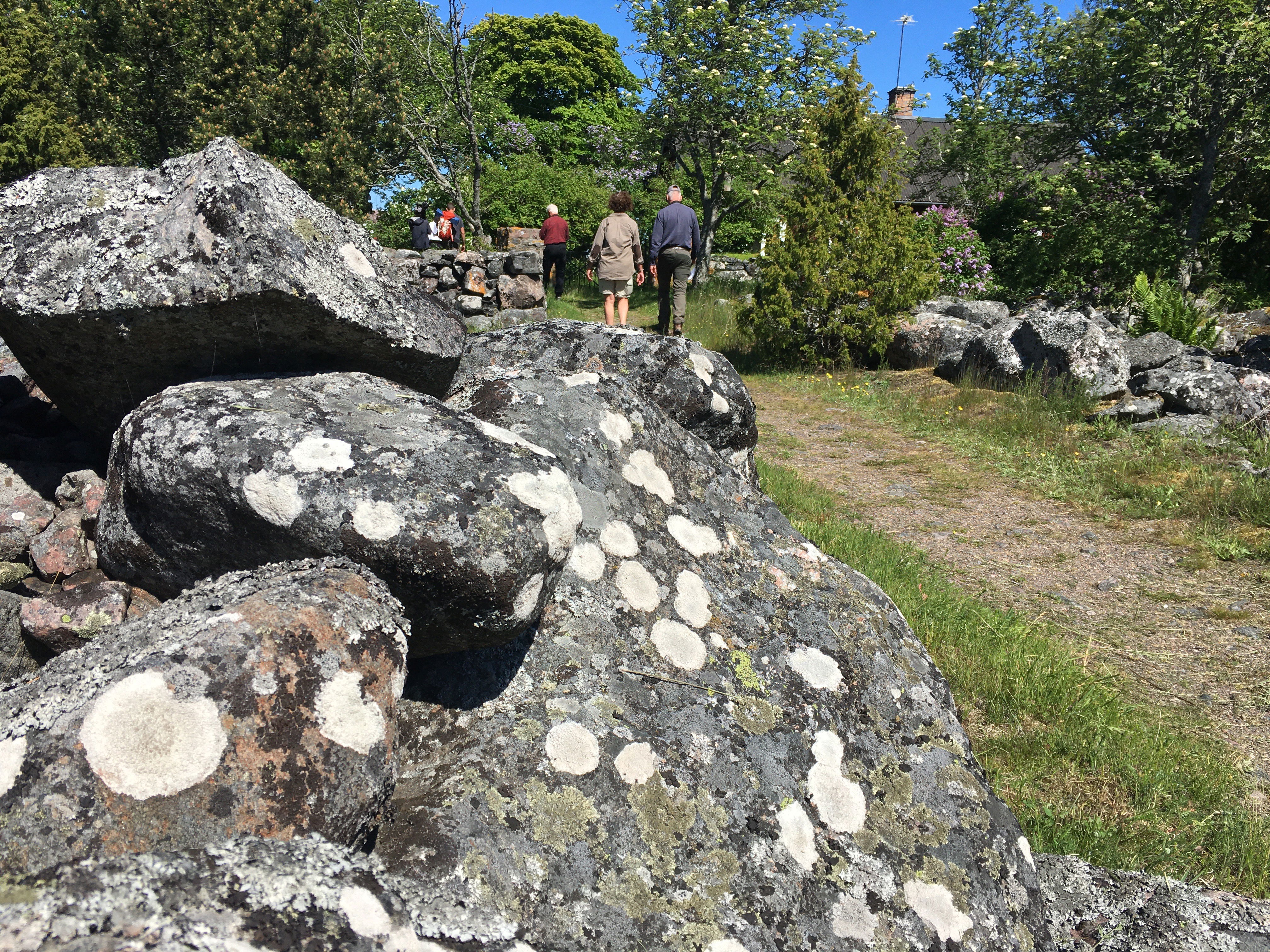 Några personer promenerar längs en stig mellan gärdsgårdar av sten. I bakgrunden finns många träd och mellan dem syns ett hustak med en skorsten. 