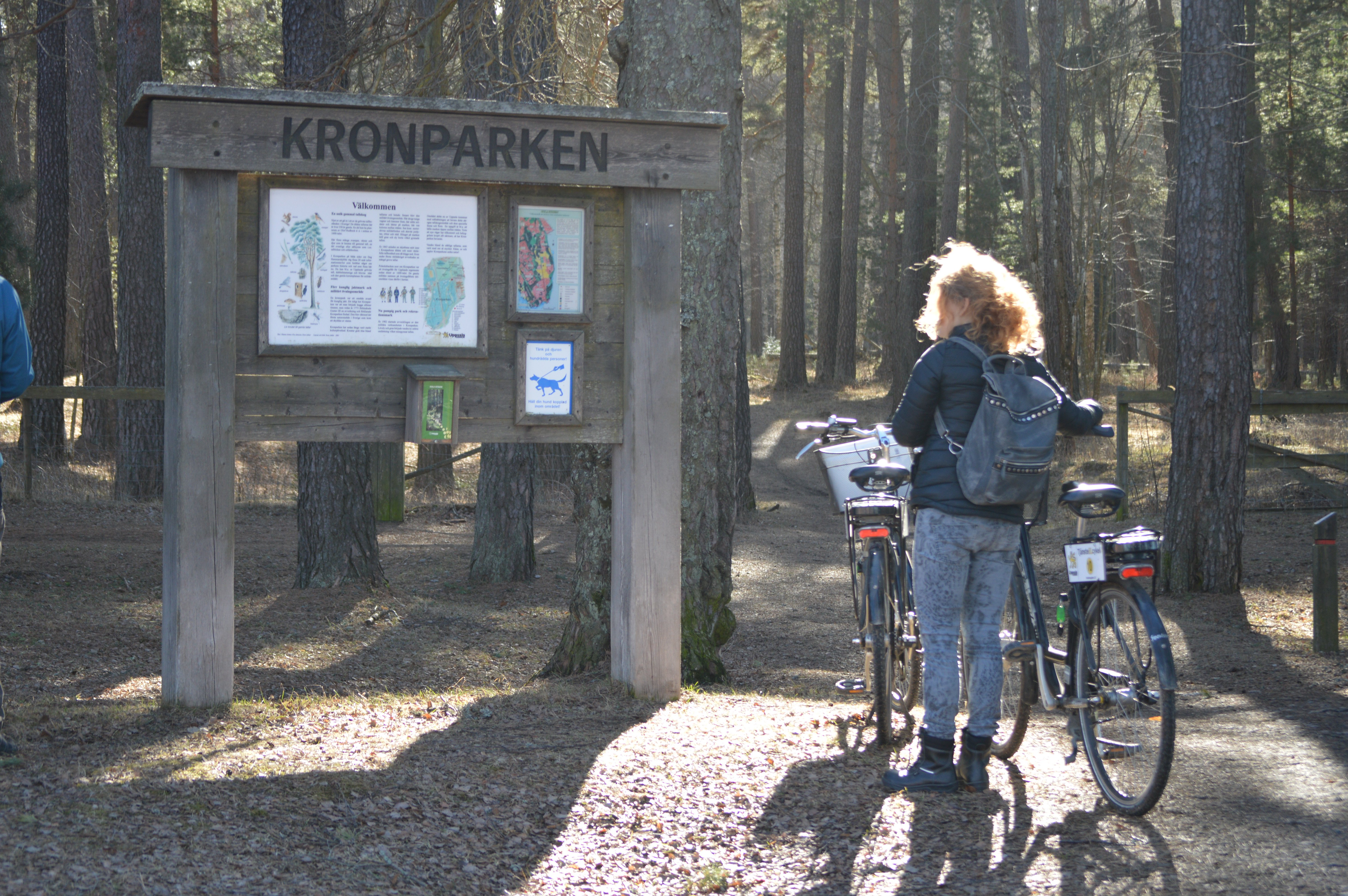 En kvinna med ryggsäck på ryggen står mellan två cyklar. Framför henne står en informationstavla vid en skog.