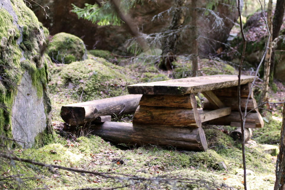 Rastplats med bord och bänk.