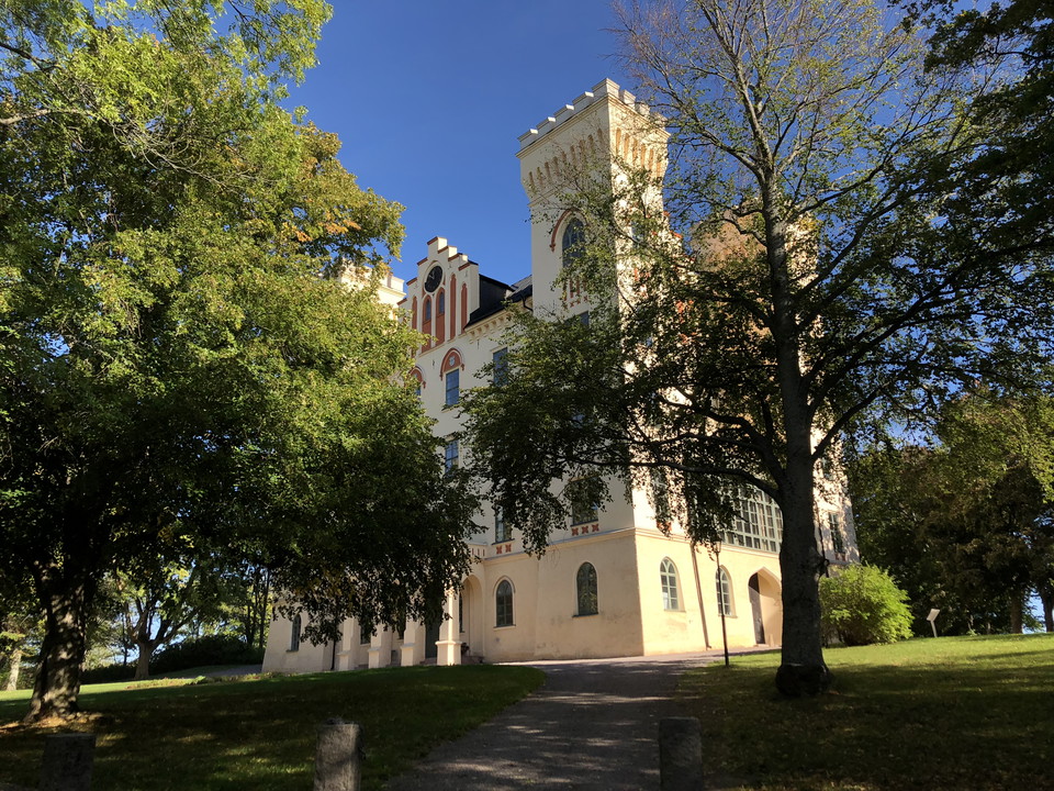 Bogesunds Slott bakom lövträd.