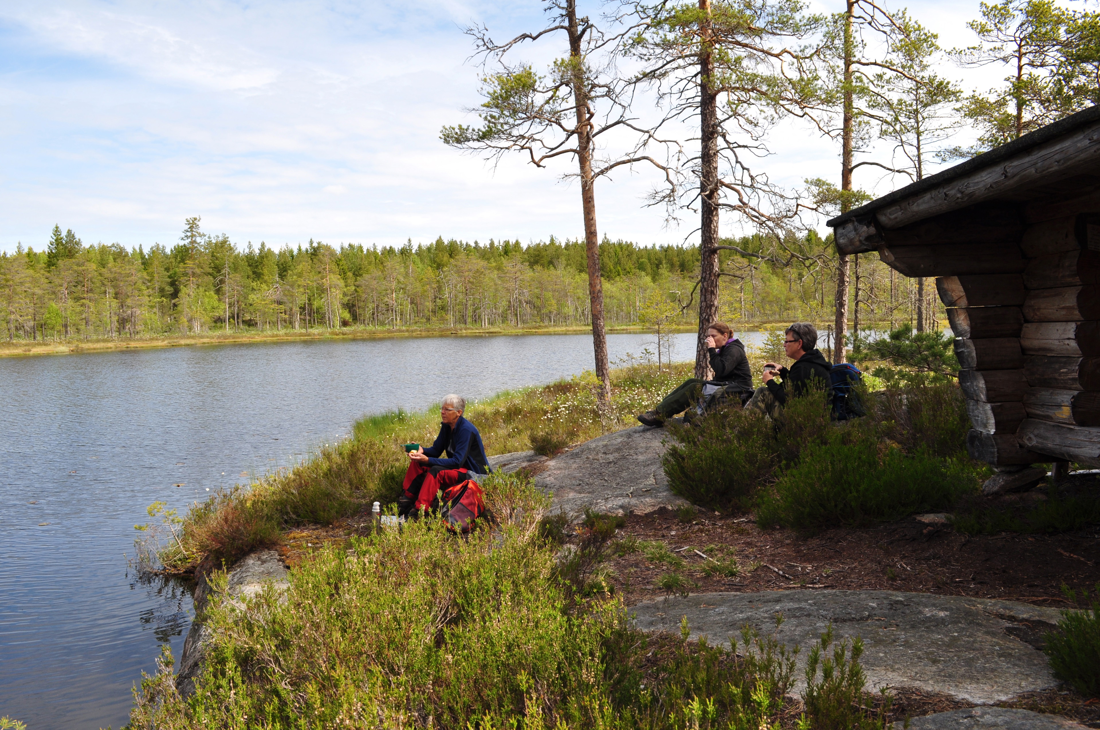 Vindskydd vid vatten med människor som fikar utanför