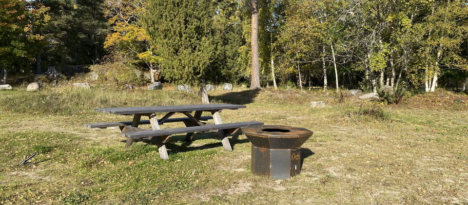 Ett rastbord av trä med fasta bänkar står på en gräsmatta. Framför bordet finns en grill. I bakgrunden syns träd i höstfärger.