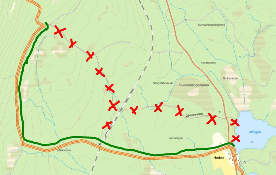 Tidigare sträckning överkryssad