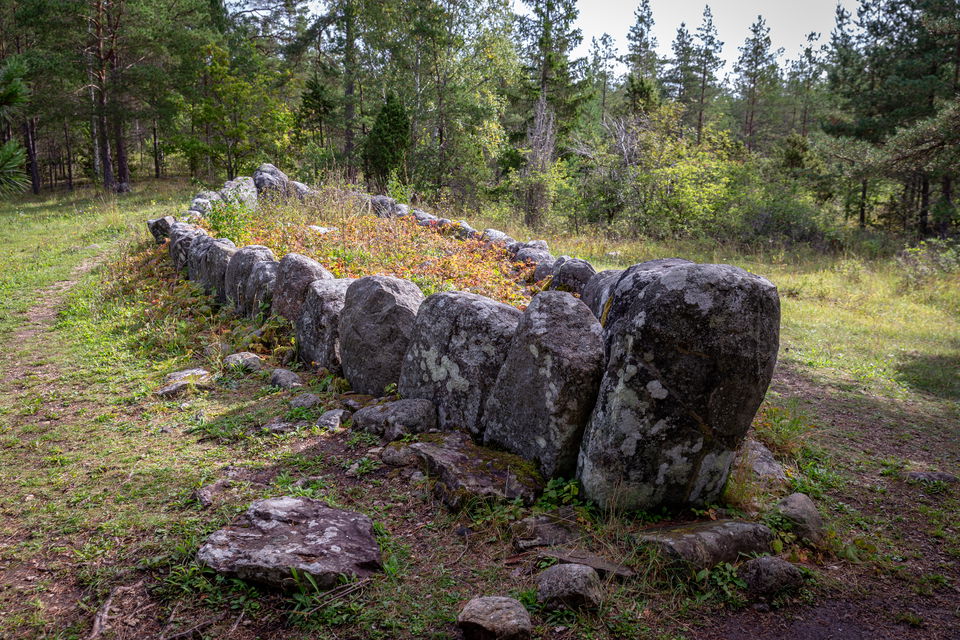 En skeppssättning i skogsmiljö, Flera större stenar placerade i formen av ett smalt skepp.