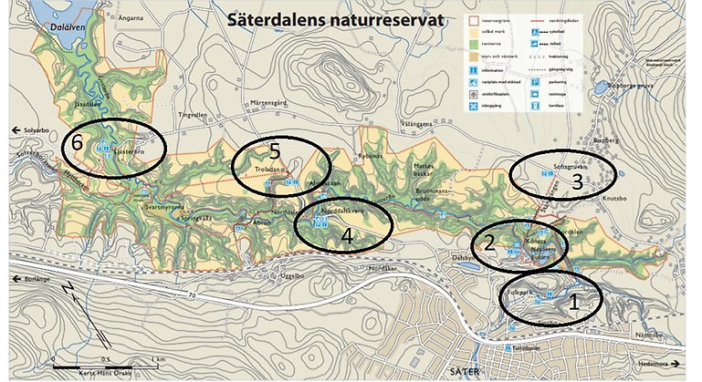 Karta över Säterdalen där de sex olika entréerna är markerade.  