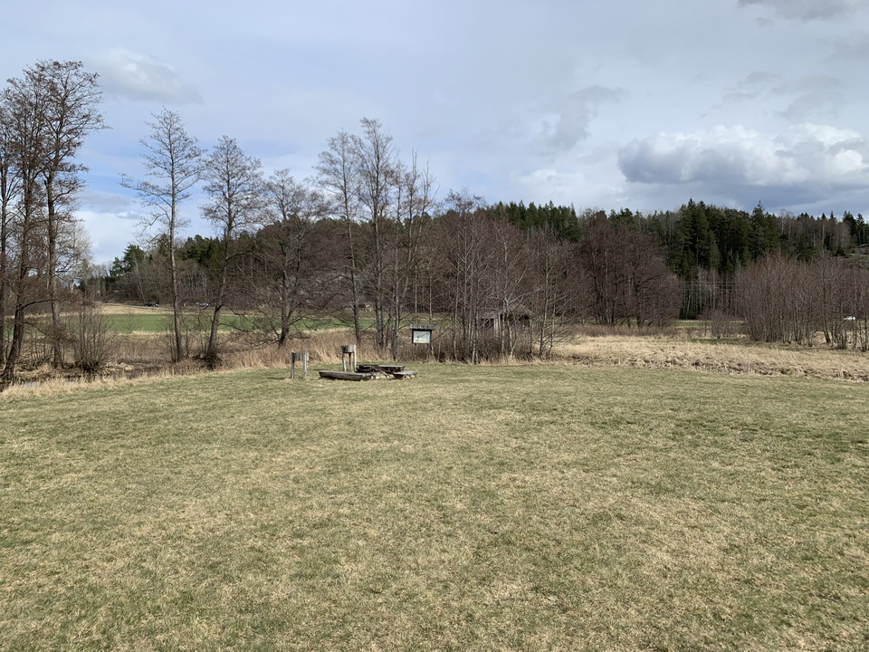 Vy över gräsplan med grillplats.