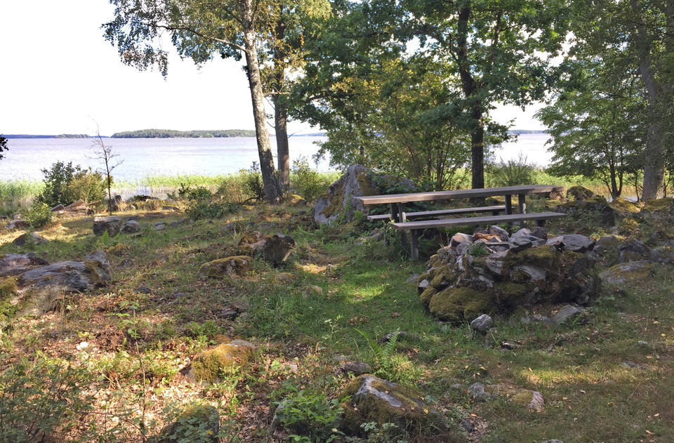 Eldstad och bord med bänkar.