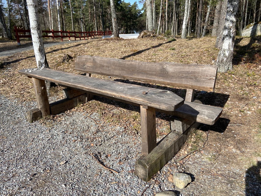 Smalt bord med två stolpar till ben, bänk med ryggstöd bakom. står vid grusad yta, träd i bakgrunden