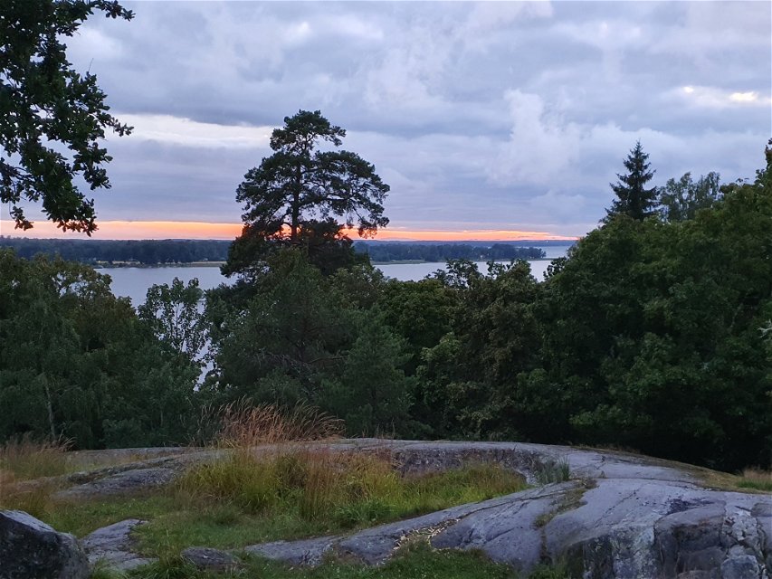 Utsikt över en sjö i skymningen, klippor och gräs i förgrunden, trädsiluetter skymmer utsikten mot sjön.