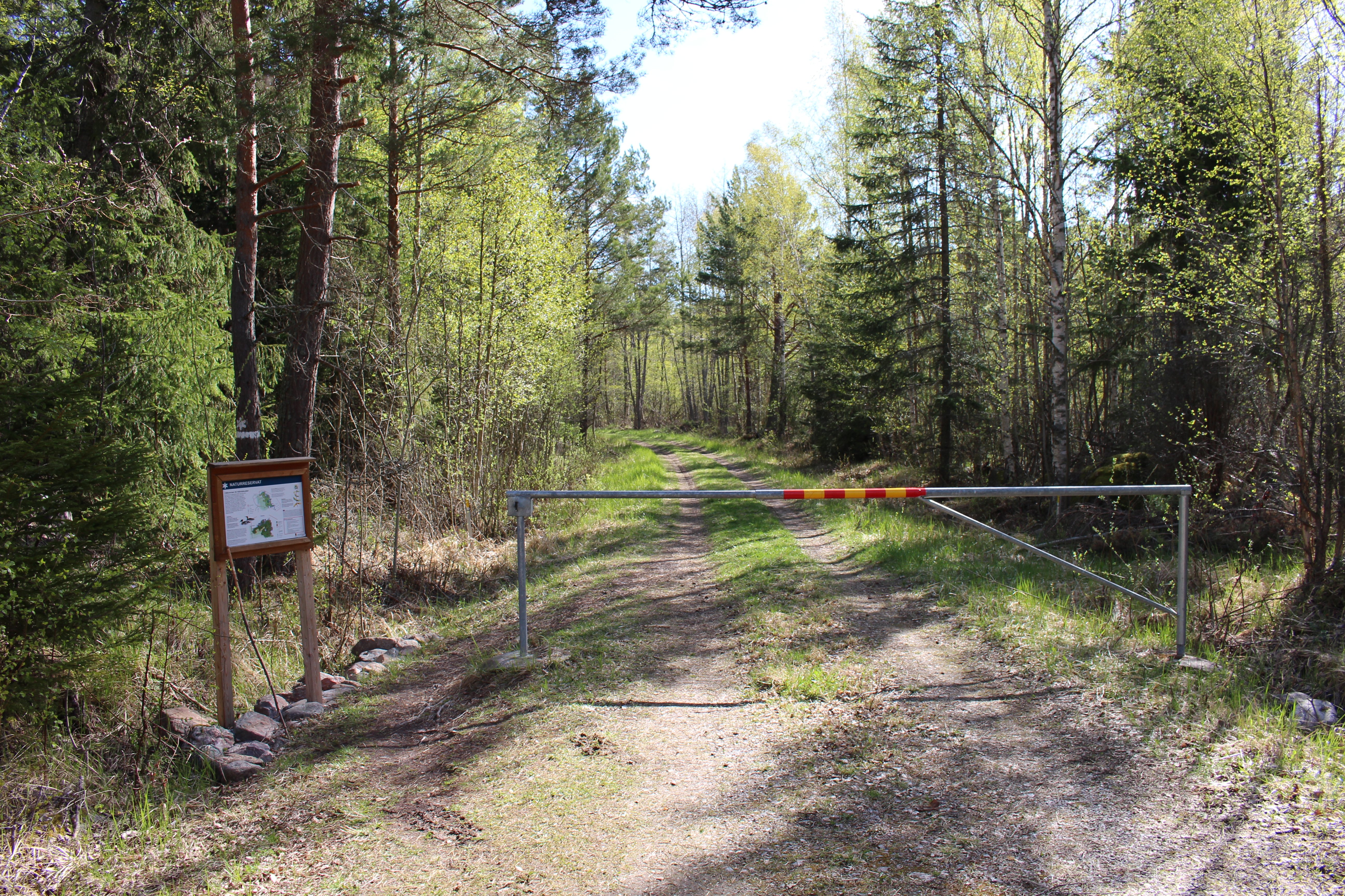 En skogsbilväg med tät skog på båda sidorna. I förgrunden står en vägbom över vägen och bredvid finns en informationsskylt.
