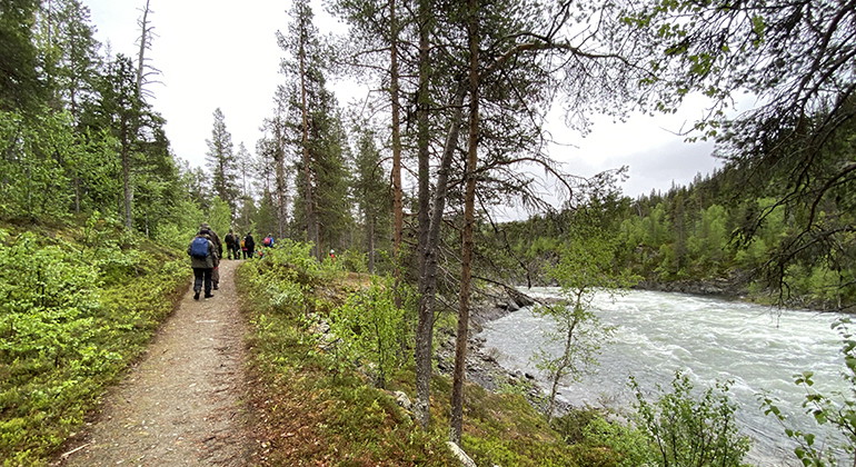 Leden går längs Märkforsen och fram till en rastplats vid Sikselet. 