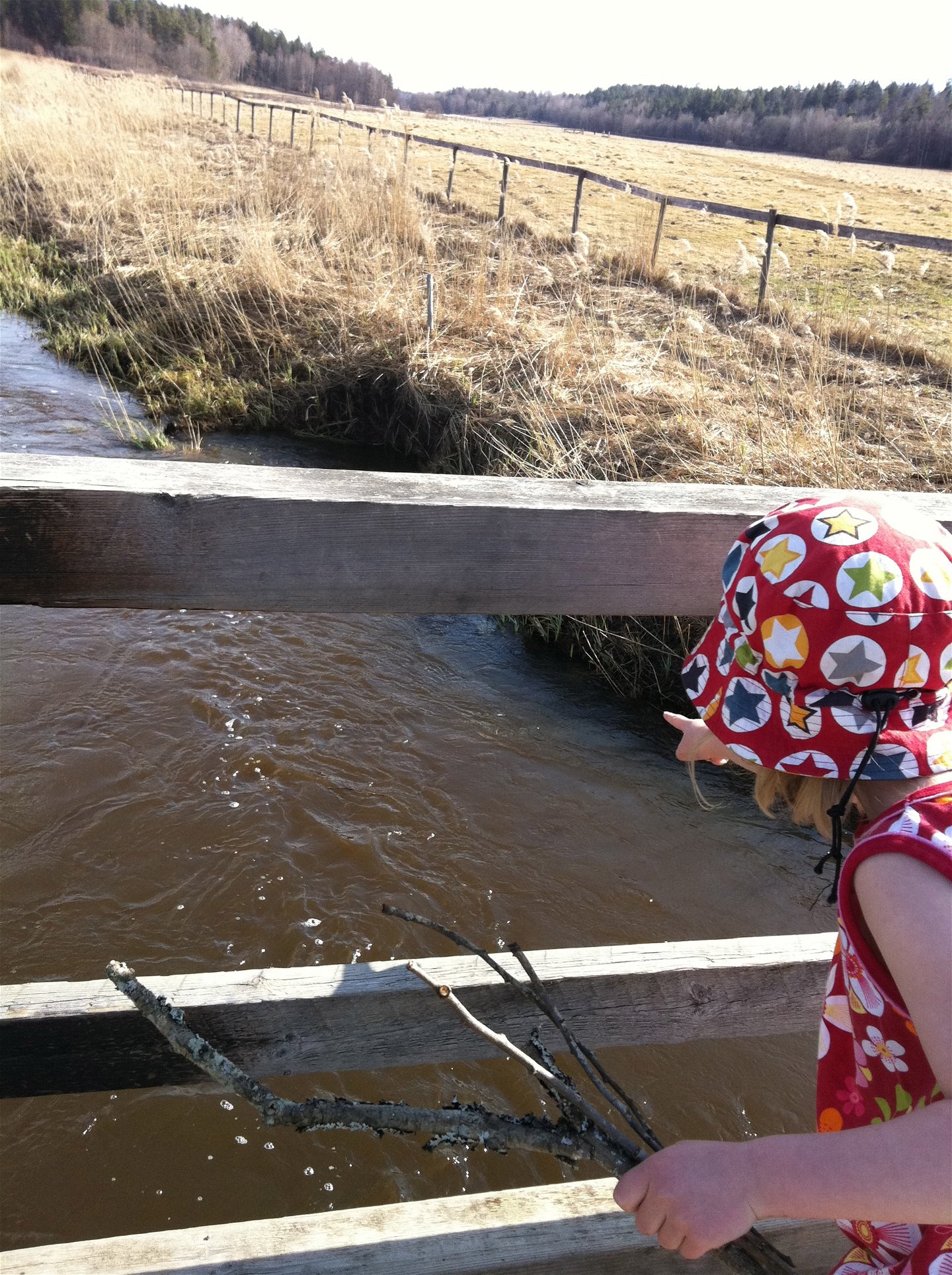 Ett barn står på en bro över en å och tittar ner på vattnet.