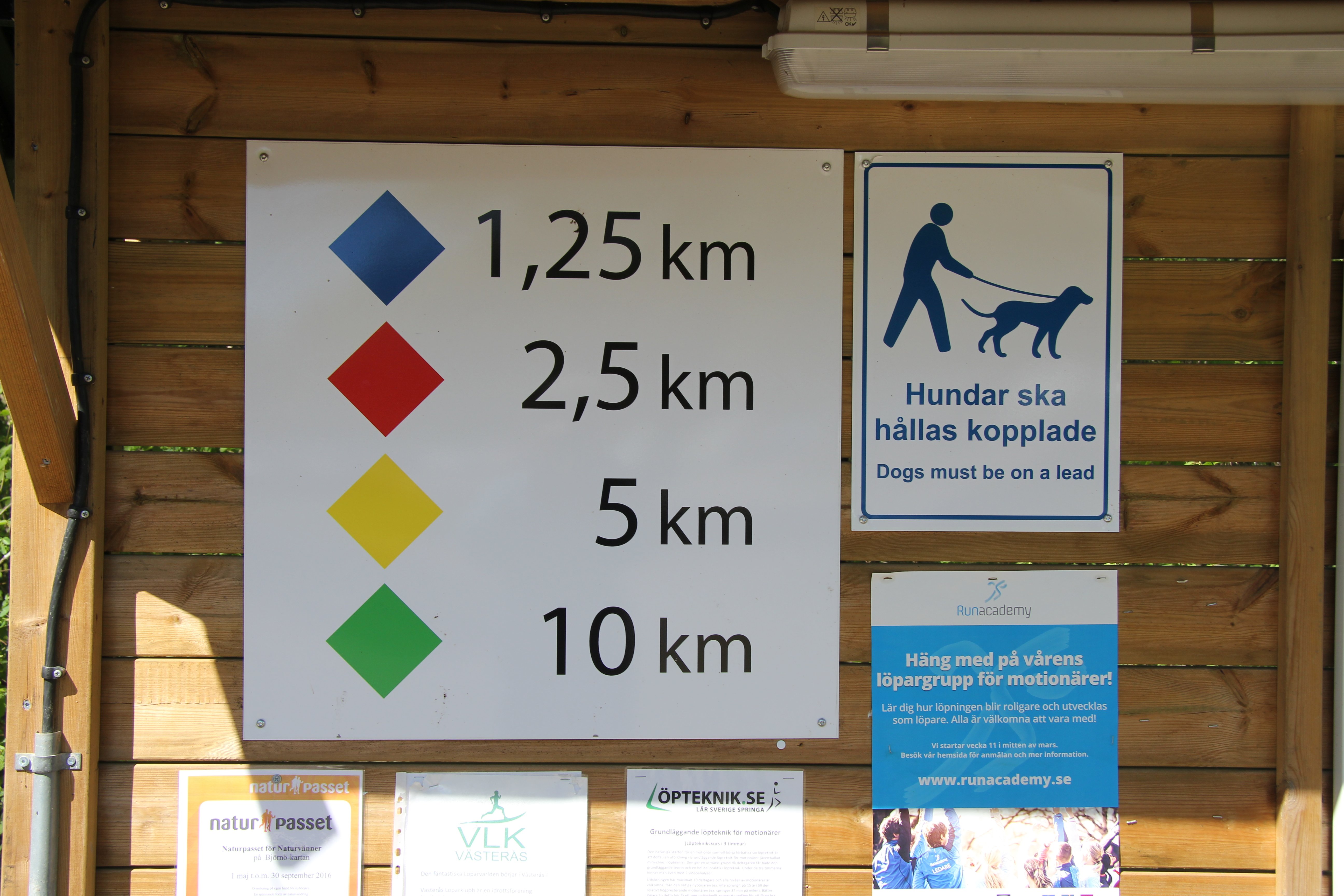 Skyltar som visar vilka markeringar som gäller för de olika längderna på motionsspåren.