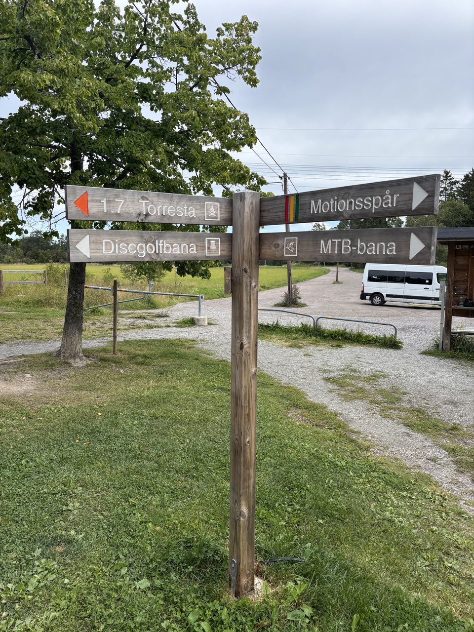 En stolpe med fyra vägvisare med text om motionsspår, vandringsled, MTB-bana och Discgolfbana. 