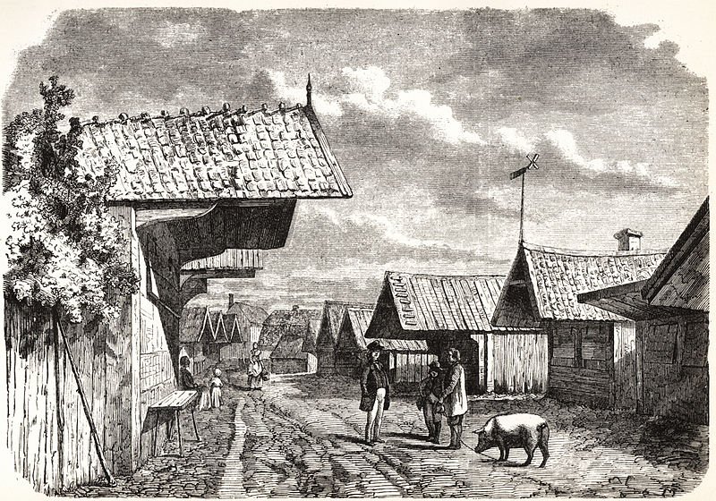 Market street in Värnamo in the 19th century. After a drawing by Bengt Nordenberg.