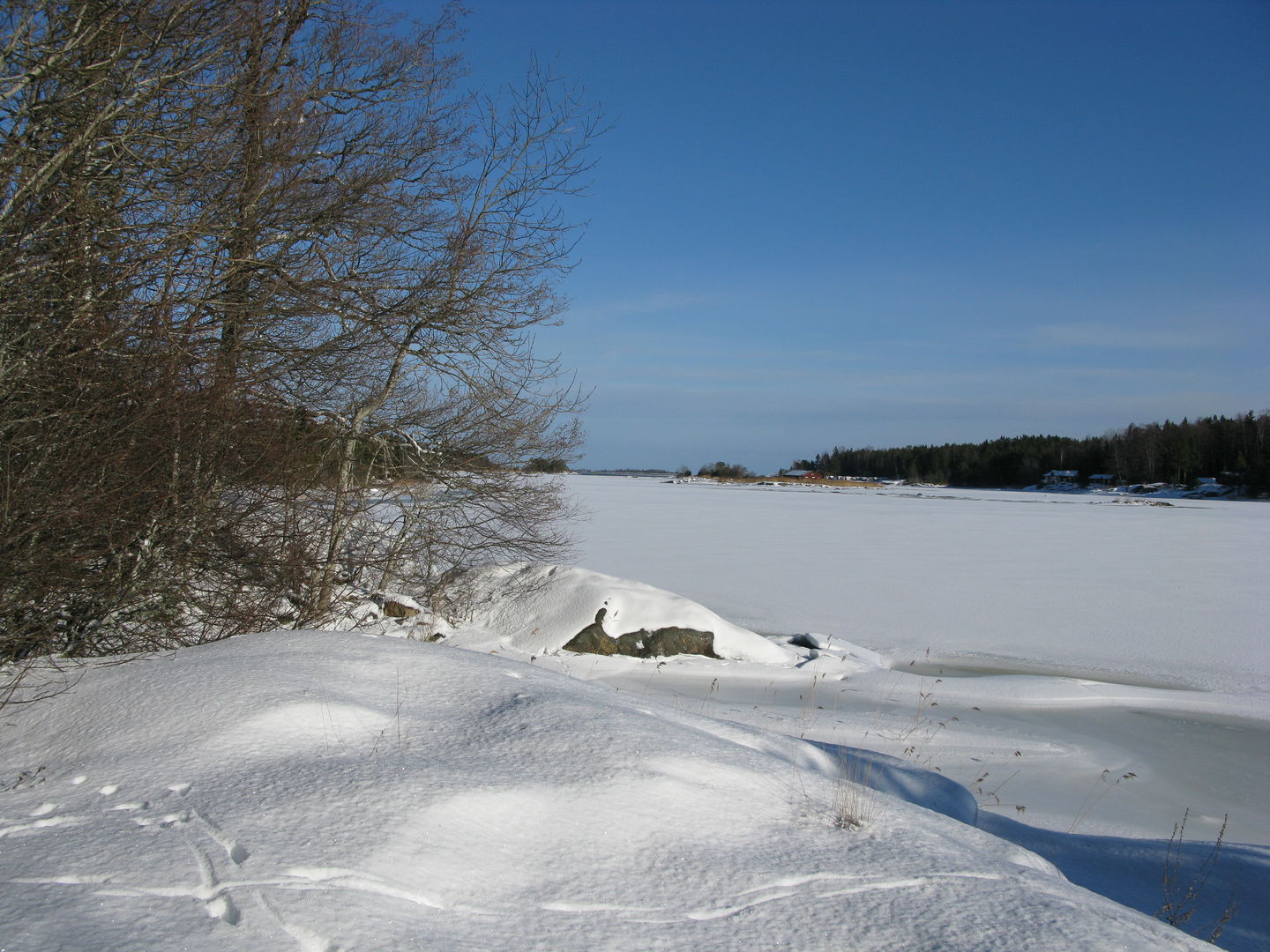 Det ligger ett snötäcke över en strand och is och snö över vattnet i en vik.