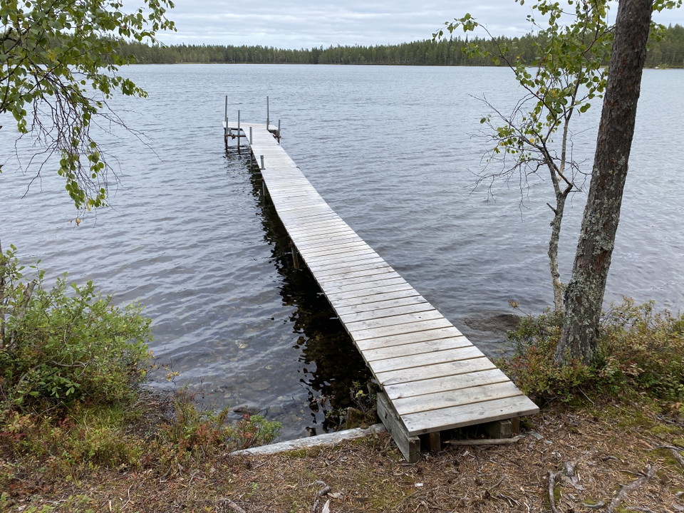 En smal träbrygga i en sjö.