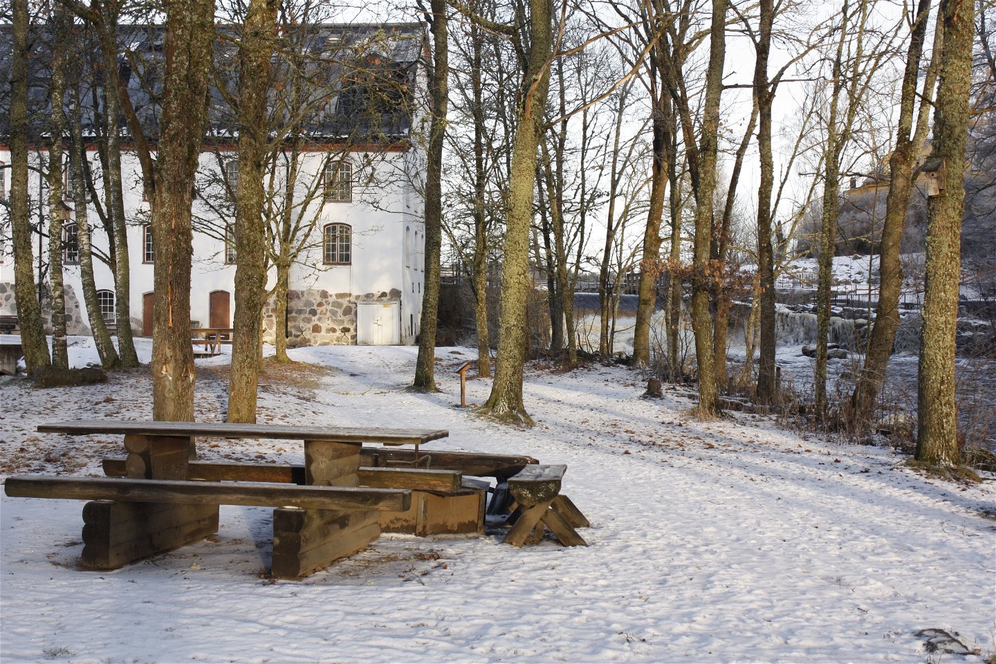 Ett bänkbord och en grillplats står i en dunge med träd runtom. Det ligger snö på marken och i bakgrunden står en byggnad.