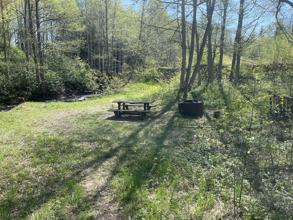 Grillplats med picknickbord och bänkar.